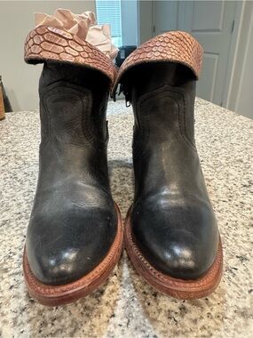 Freebird by Steven Saban Black Leather Ankle Boots with Pink Croc-Cuff